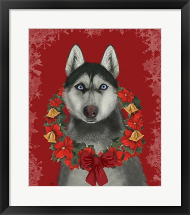 Framed Husky and Poinsettia Wreath Print