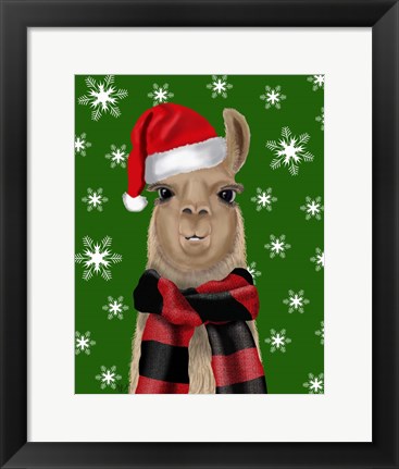 Framed Llama, Christmas Hat Print