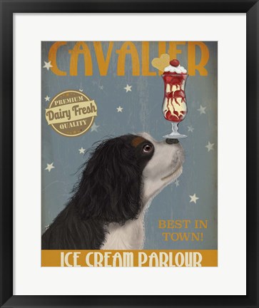 Framed Cavalier King Charles, Black White, Ice Cream Print