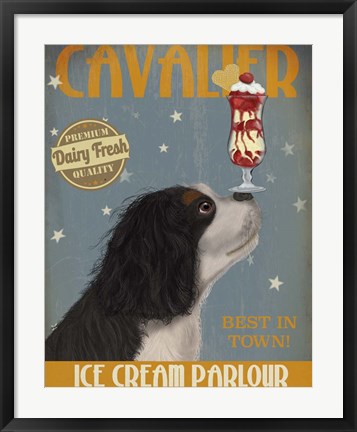 Framed Cavalier King Charles, Black White, Ice Cream Print