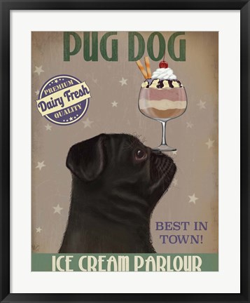 Framed Pug, Black, Ice Cream Print