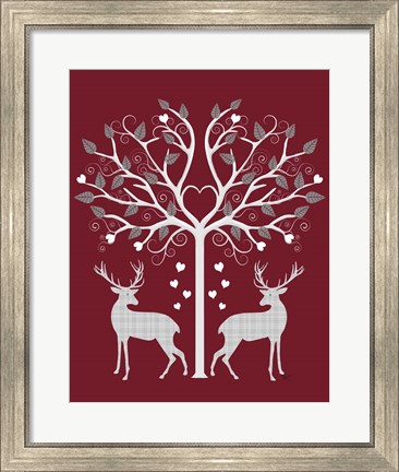 Framed Christmas Des - Deer and Heart Tree, Grey on Red Print