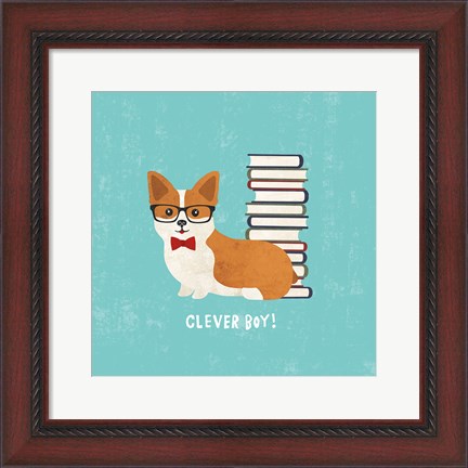 Framed Good Dogs Corgi Teal Print