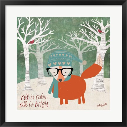 Framed Hipster Fox Christmas Trees Print