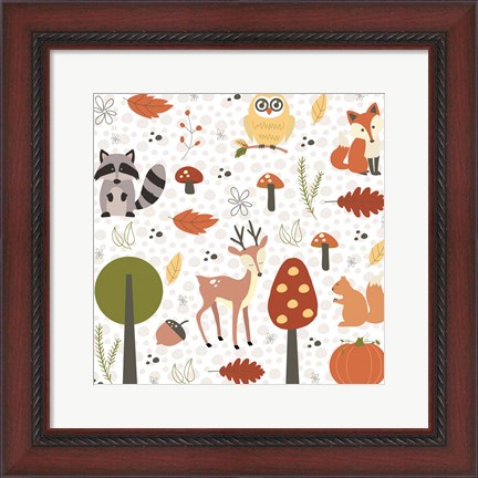 Framed Fall Tree &amp; Animal Pattern Print