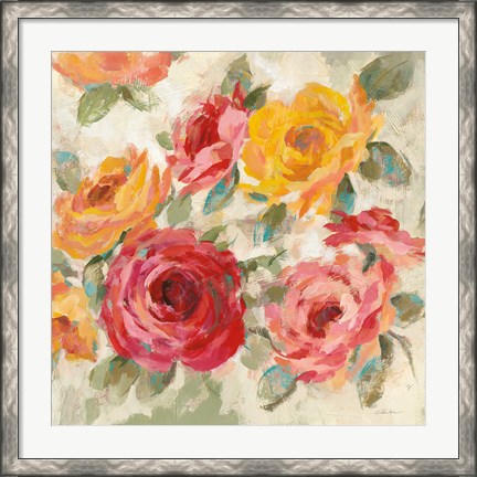 Framed Brushy Roses Crop with Teal Print