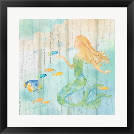 Framed Sea Splash Mermaid Woodgrain II Print