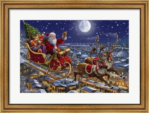 Framed Santa Sleigh and Reindeer in Sky Print
