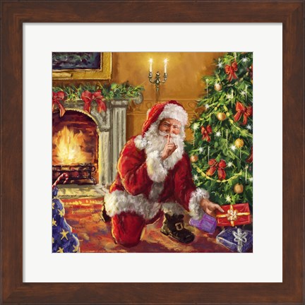 Framed Santa at tree with present Print