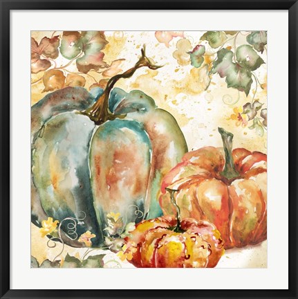 Framed Watercolor Harvest Teal and Orange Pumpkins I Print