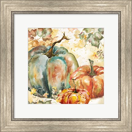Framed Watercolor Harvest Teal and Orange Pumpkins I Print
