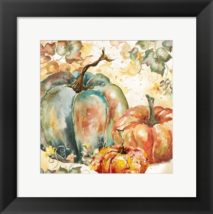 Framed Watercolor Harvest Teal and Orange Pumpkins I Print