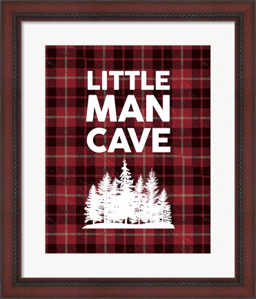 Framed Little Man Cave - Trees Red Plaid Background Print