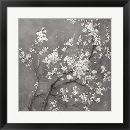 Framed White Cherry Blossoms I on Grey Crop Print