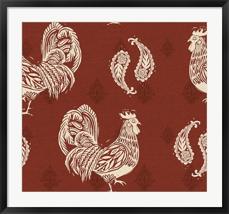 Framed Woodcut Rooster Patterns Print
