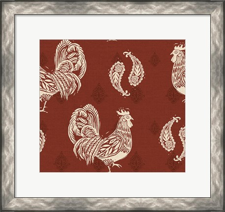 Framed Woodcut Rooster Patterns Print