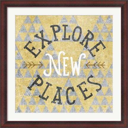Framed Mod Triangles Explore New Places Gold Print