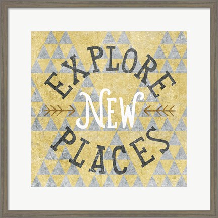 Framed Mod Triangles Explore New Places Gold Print