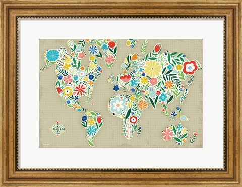 Framed Floral World Tan Print