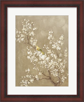 Framed White Cherry Blossom II Neutral Crop Bird Print