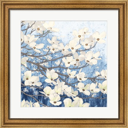 Framed Dogwood Blossoms II Indigo Print