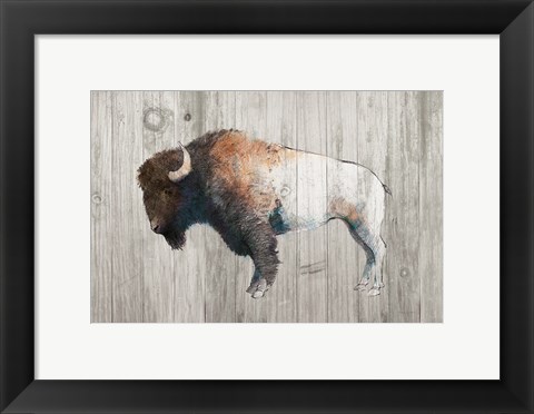 Framed Colorful Bison Dark Brown on Wood Print