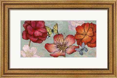 Framed Flowers and Butterflies (Aqua) Print