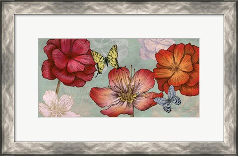 Framed Flowers and Butterflies (Aqua) Print