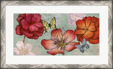 Framed Flowers and Butterflies (Aqua) Print