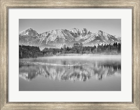 Framed Allgaeu Alps and Hopfensee lake, Bavaria, Germany (BW) Print