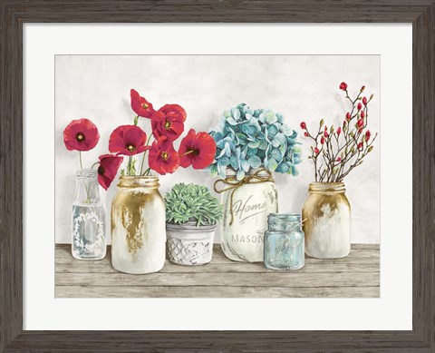 Framed Floral Composition with Mason Jars Print