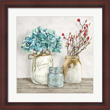 Framed Floral Composition with Mason Jars I Print