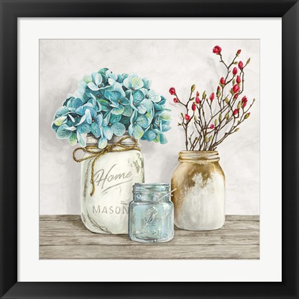 Framed Floral Composition with Mason Jars I Print