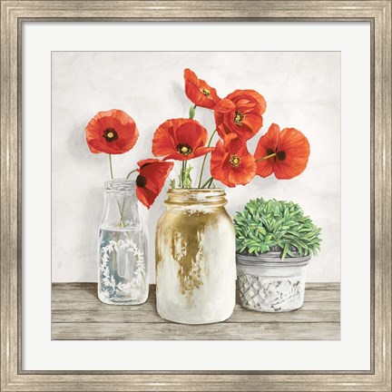 Framed Floral Composition with Mason Jars II Print