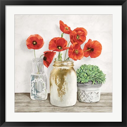 Framed Floral Composition with Mason Jars II Print