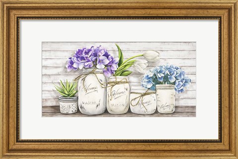 Framed Hydrangeas in Mason Jars Print