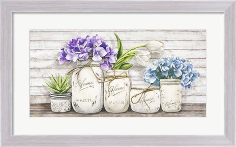 Framed Hydrangeas in Mason Jars Print