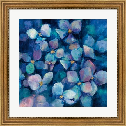 Framed Midnight Blue Hydrangeas with Gold Print
