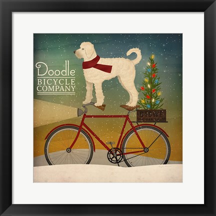 Framed White Doodle on Bike Christmas Print