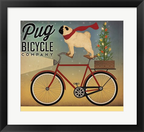 Framed Pug on a Bike Christmas Print