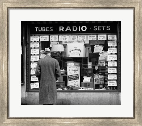 Framed 1940s Man Looking At Window Display Of Radios Print