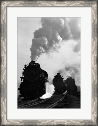 Framed 1930s 1940s Head-On View Of Three Steam Engines Print