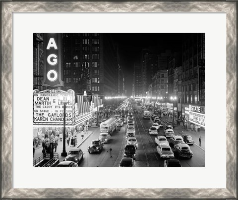Framed 1950s 1953 Night Scene Of Chicago State Street Print