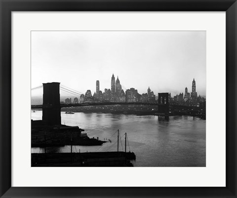 Framed 1950s Twilight Skyline Manhattan Brooklyn Bridge? Print