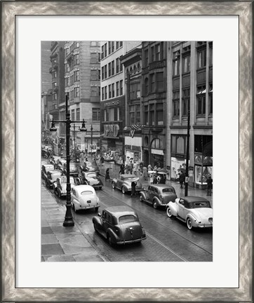 Framed 1940s Rainy Day On Chestnut Street Philadelphia Print