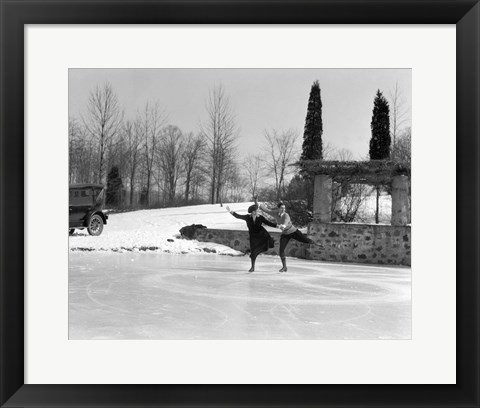 Framed 1920s Couple Man Woman Ice Skating Print