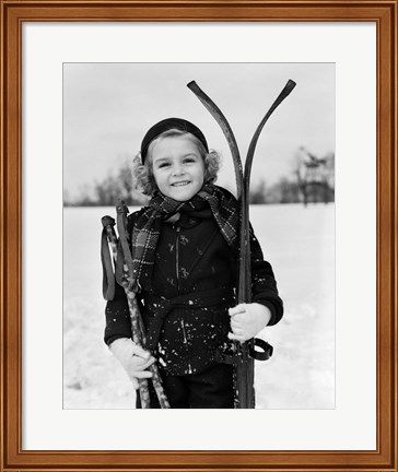 Framed 1930s Little Girl Standing Holding Skis Print