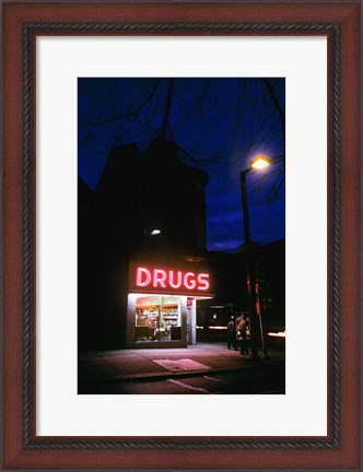 Framed 1980s 24 Hour Drug Store Neon Sign Print
