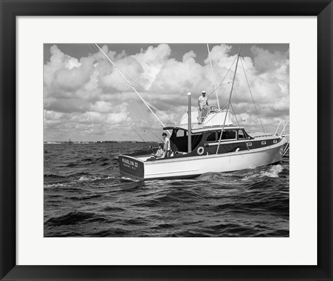 Framed 1950s 3 Men Trolling Off Of Fishing Boat Print