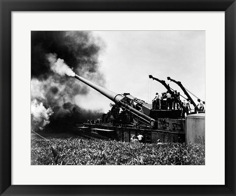 Framed 1940s WWII Big Artillery Railroad Gun Firing Print